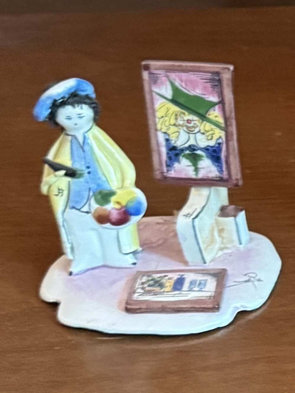 Hand-Painted Ceramic Artist Figurine in Yellow, Blue and Pink